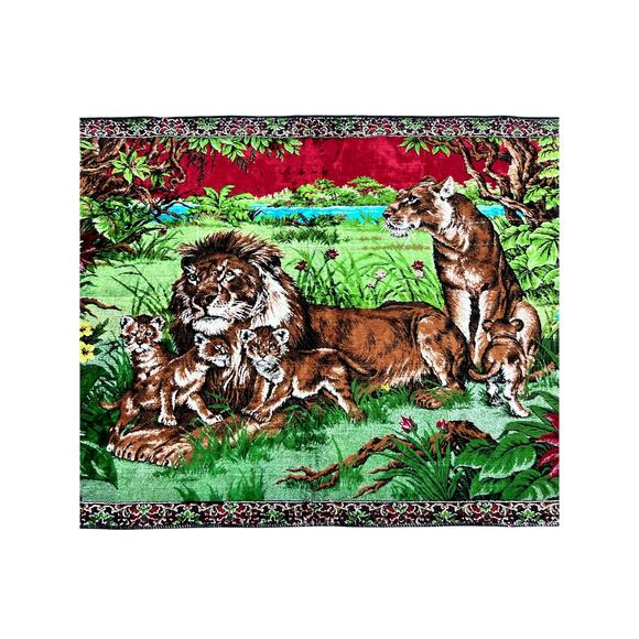 VTG Velvet Lion Family Tapestry Jungle Safari Wall Art Rug